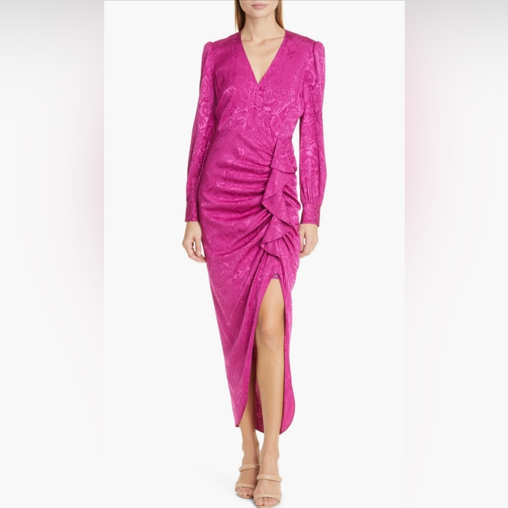 Veronica Beard Weiss Side Ruffle LongSleeve SilkBlend MaxiDress 0;Bright Magenta